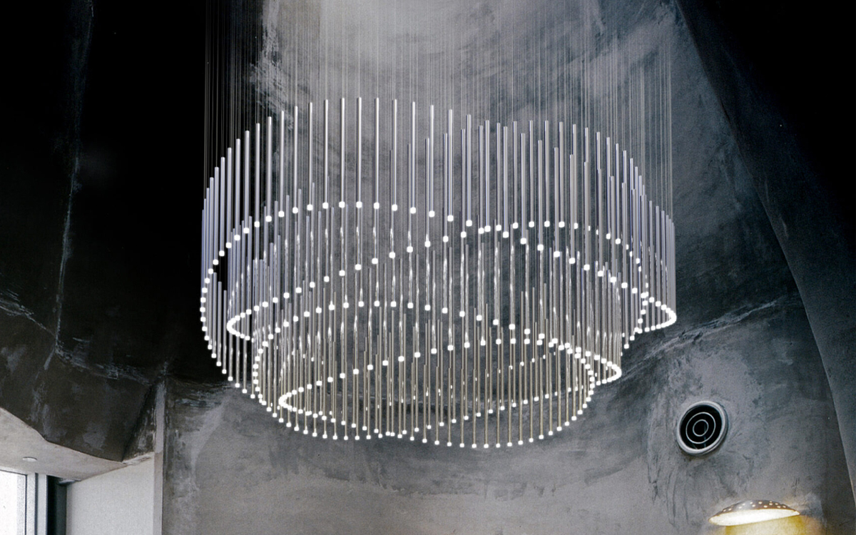 Contemporary Chandelier Light with Intricate Cable Suspension and Acrylic-Capped LED Bulbs for Depth and Dimension