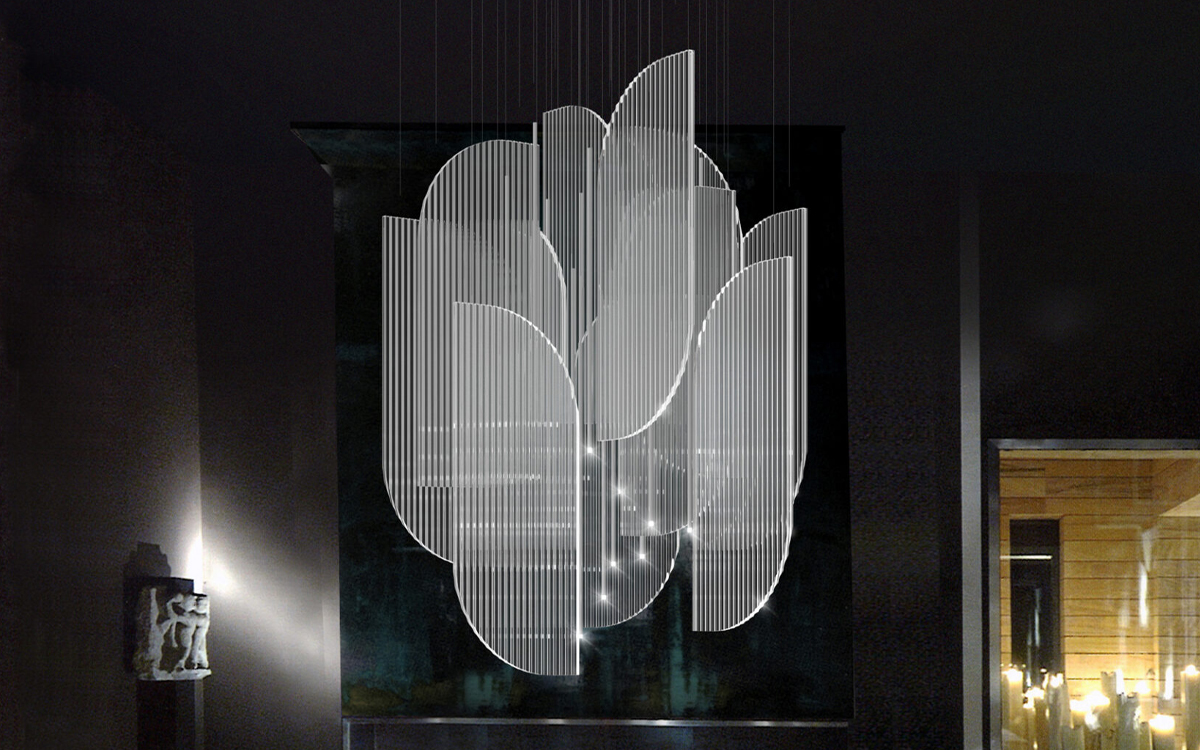 Contemporary Chandelier Light with Overlapping Acrylic and Aluminum Panels Evoking Art Deco Elegance
