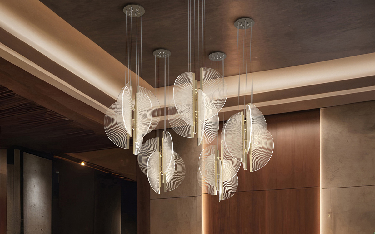 Contemporary Mezzo-Inspired Pendant Light with Edge-Lit Semicircles and Digitally Printed Patterns for Dynamic Interiors
