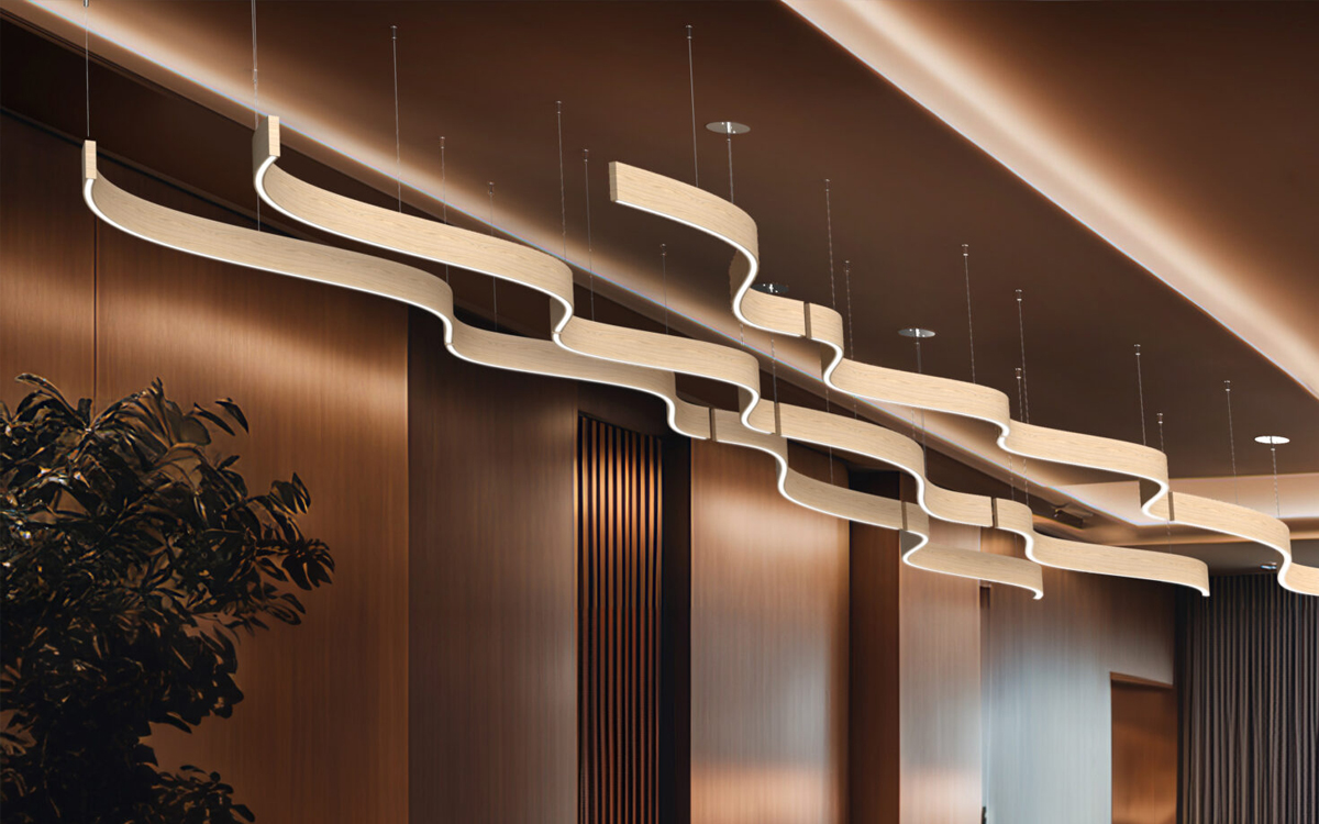 Contemporary Slim Pendant Light with Aluminum Frame and Curved Wood-Look Aluminum Cladding
