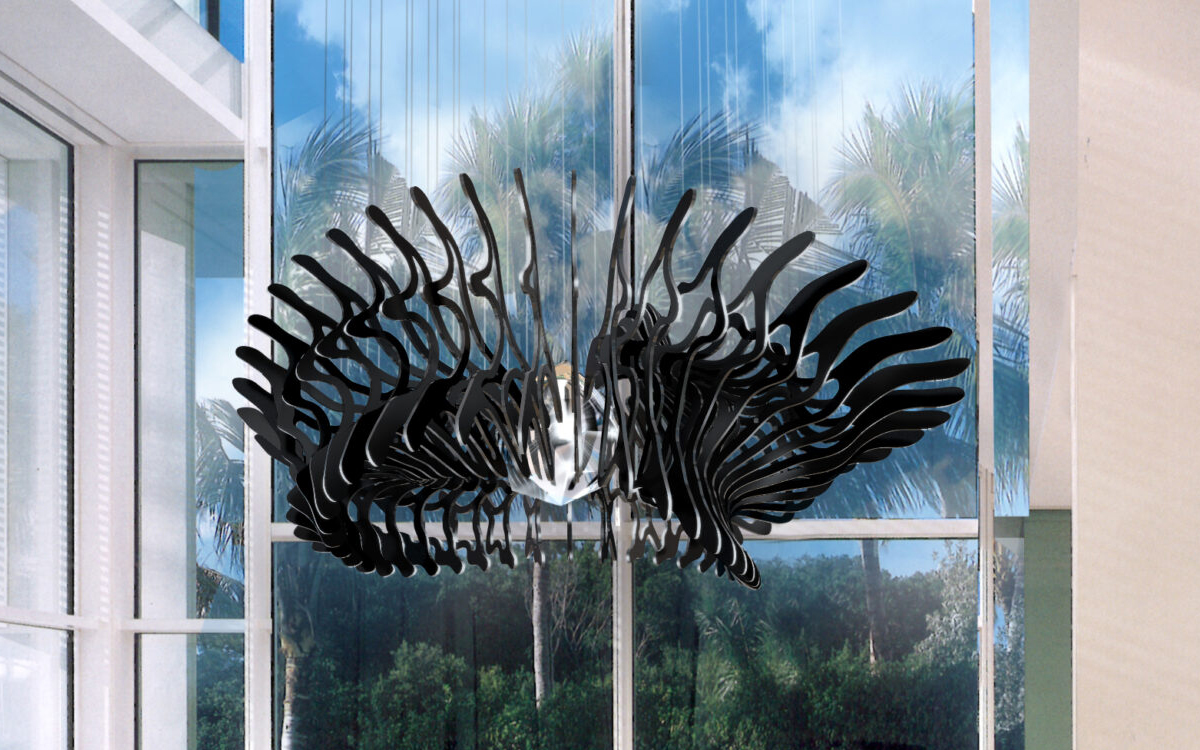 Contemporary Statement Chandelier with Repeated Powder-Coated Metal Blades and Radiant LED Glass Spheres for Elegant Spaces