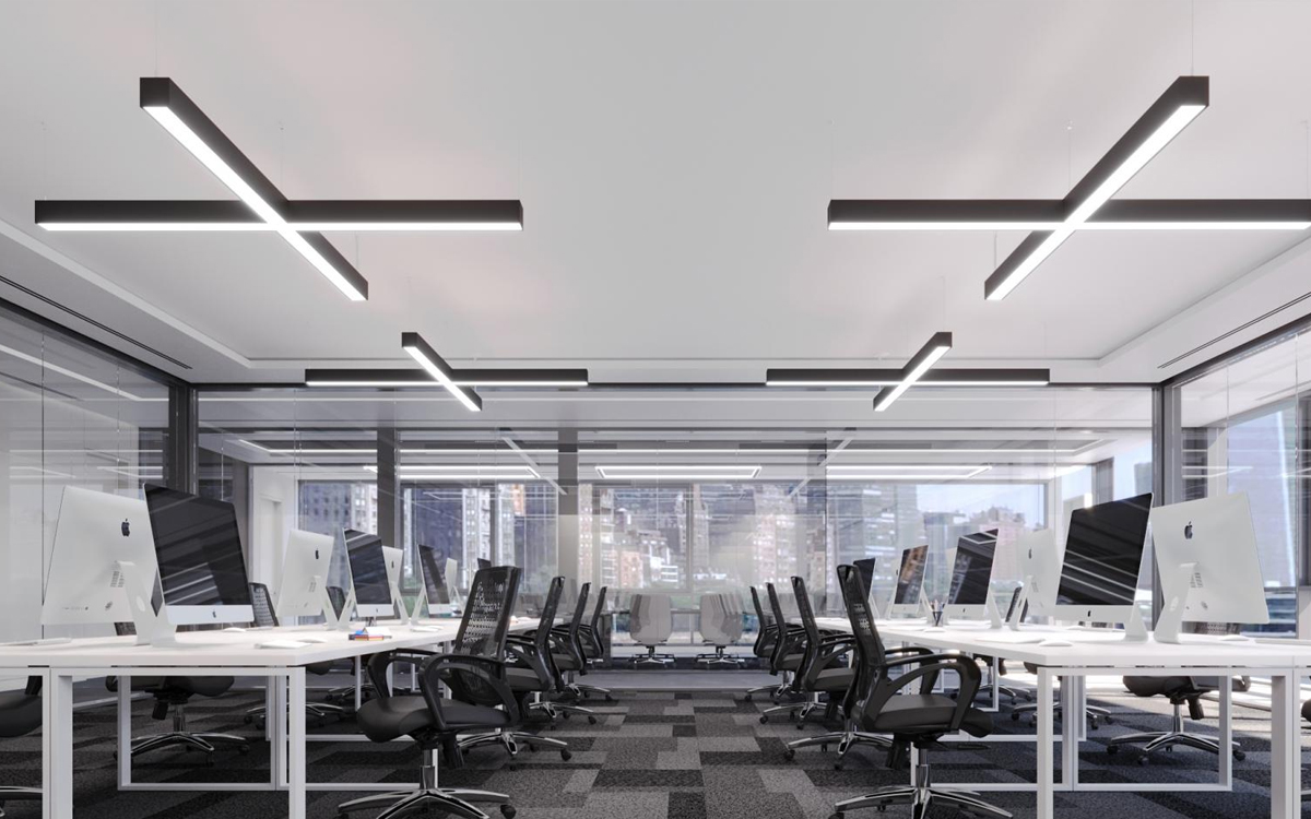 Cross-Shaped Linear Pendant Light with Optional PoE Integration for Smart Building Lighting Control