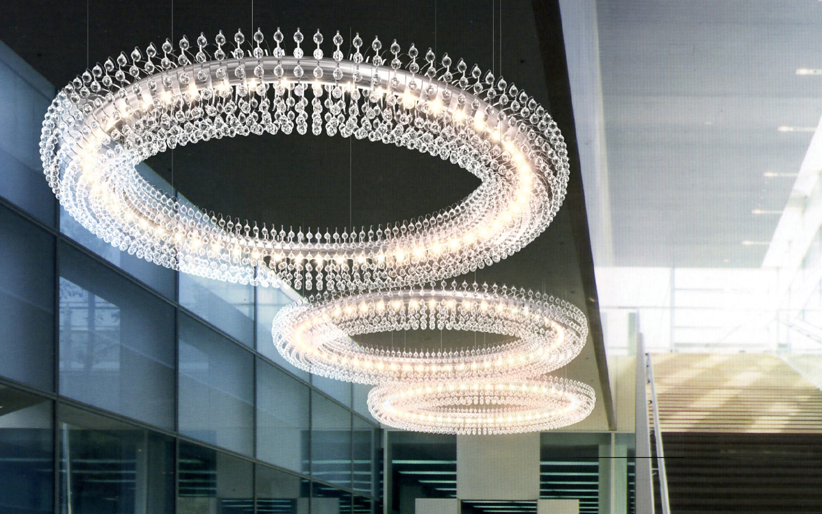 Decorative Chandelier Light with Layered Teardrop Crystals and Side-by-Side Ring Configuration