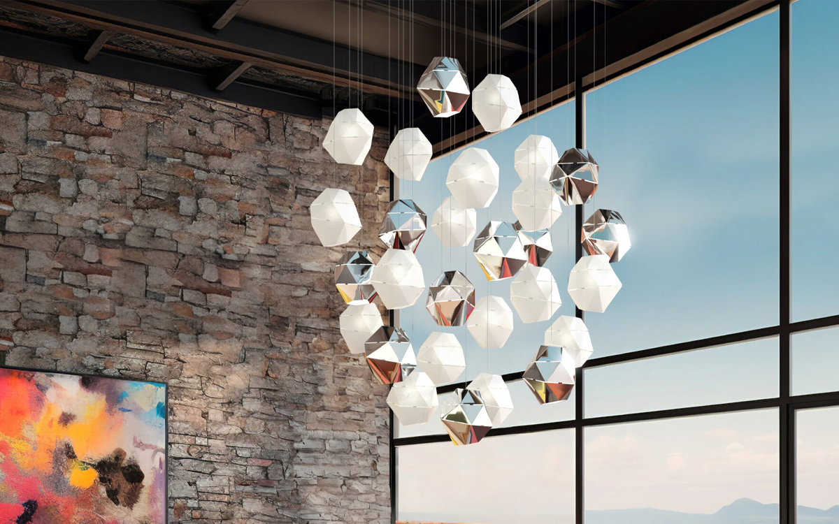 Decorative Chandelier Light with Polycarbonate and Metal Pendants Arranged to Create Radiant Sparkle in Any Space