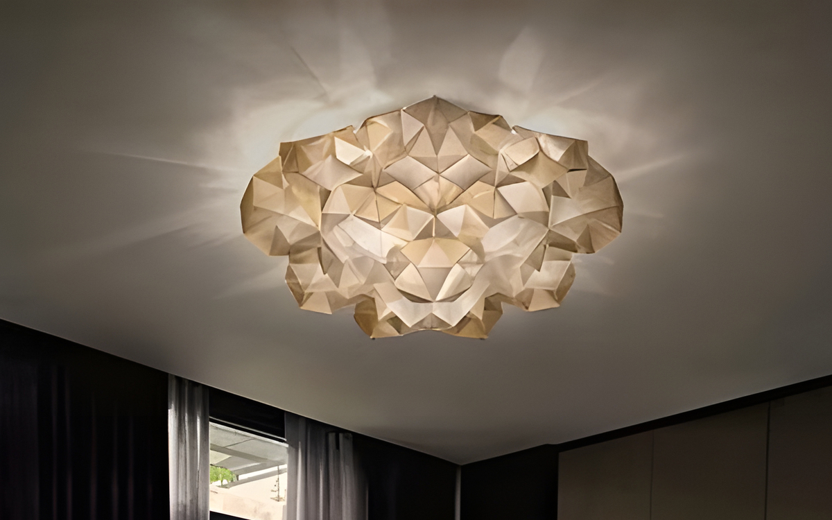 Designer Artistic Ceiling Light with Diamond-Inspired Silhouette, Warm Velvet Reflections, and Dimmable LED Filament Lighting