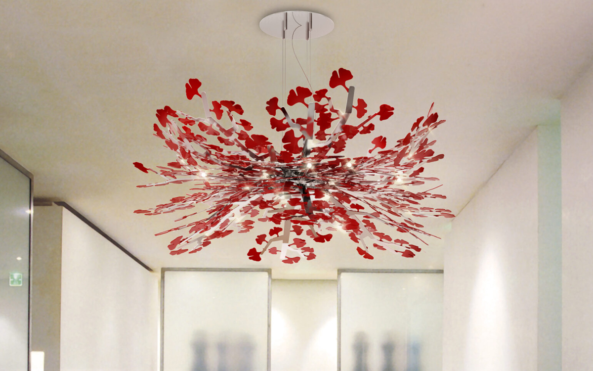 Designer Chandelier with Timeless Ginkgo Leaf Form in Glossy Red Acrylic and Illuminated LED Light