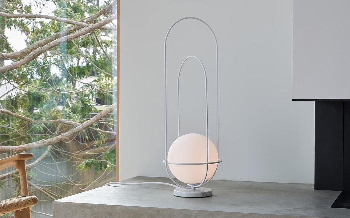 Designer Table Lamp with Planetary Inspired Wire Cage and Diffused LED Lighting