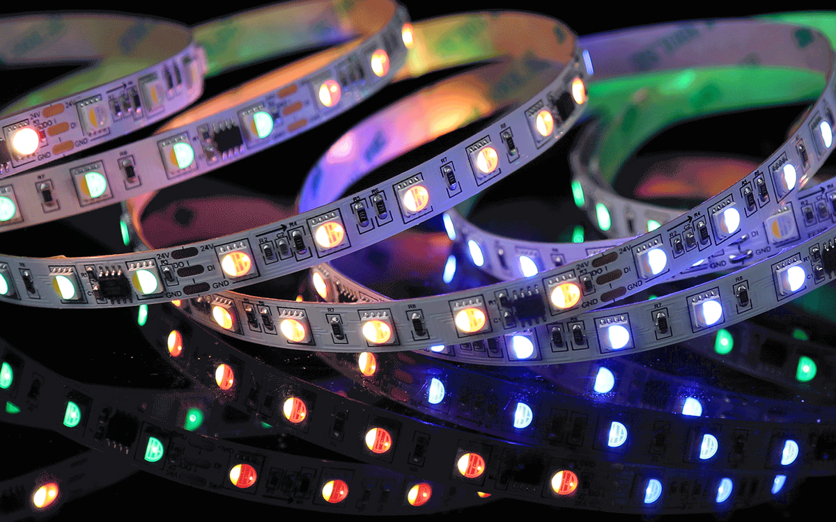 DMX Compatible RGB + 3000K LED Strip Light with Individually Controllable Nodes for Architectural and Stage Lighting