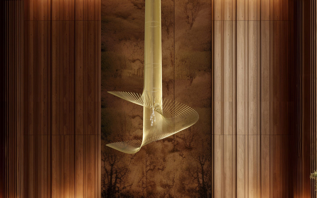 Dramatic High Ceiling Chandelier Light with Flowing Golden Curves, LED Twinkle, and Musical Note Inspired Form