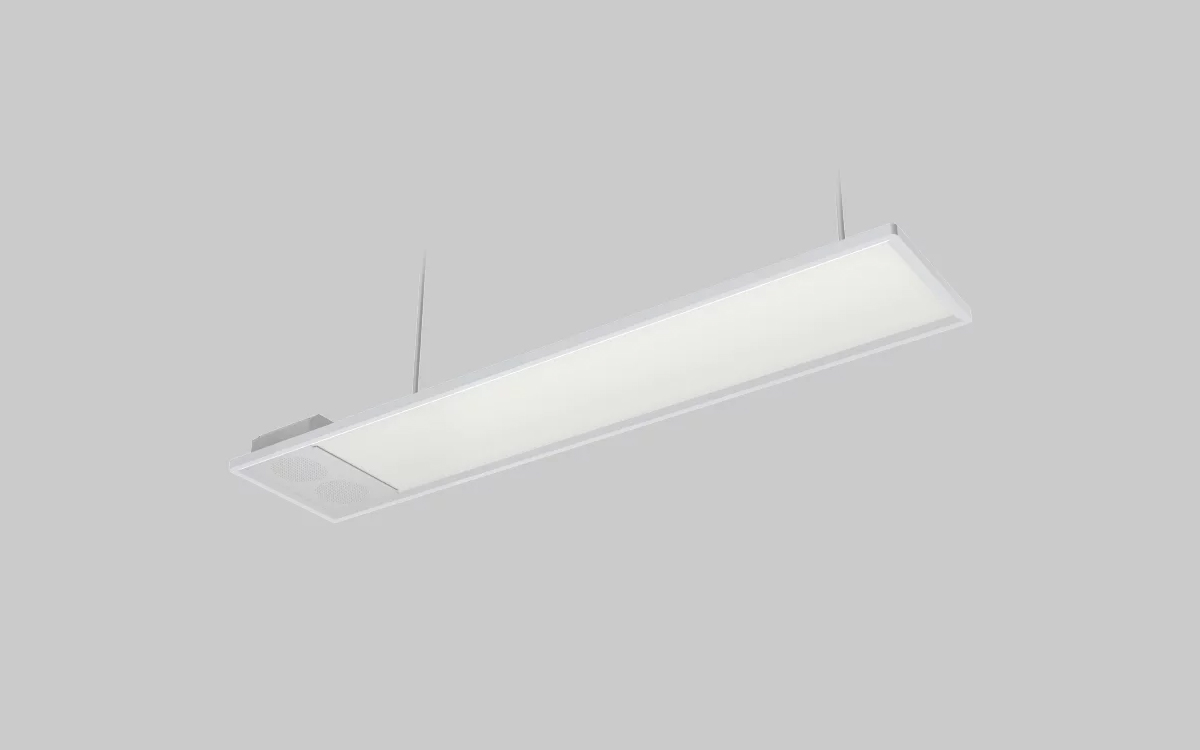 Educational LED Ceiling Light with Integrated AI Sound Amplifier, Low Flicker, Anti-Glare Prismatic Lens