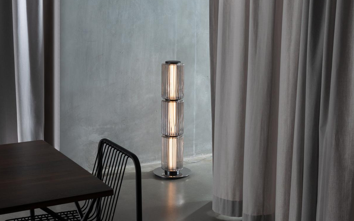 Elegant Column Floor Lamp with Stacked Mould-Blown Glass Cylinders and Polished Stainless Steel Base for Luxury Interiors