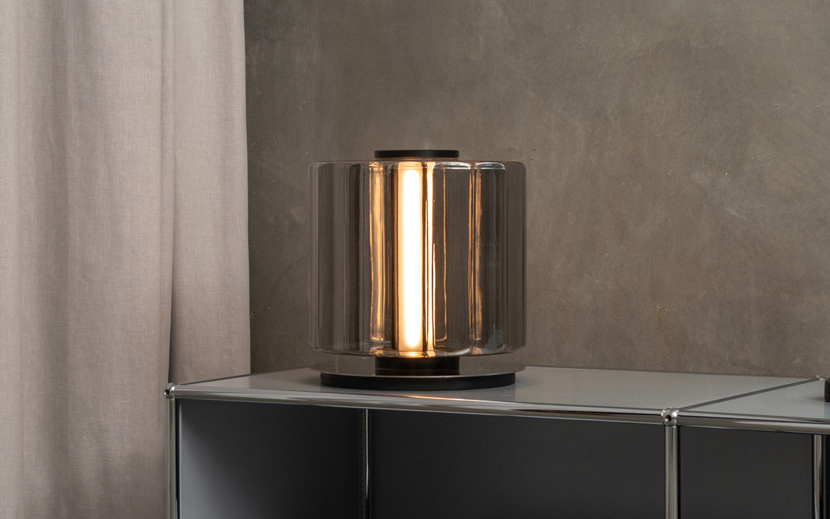 Elegant Modular Column Table Lamp with Vertically Stacked Glass Cylinders and Polished Stainless Steel Base