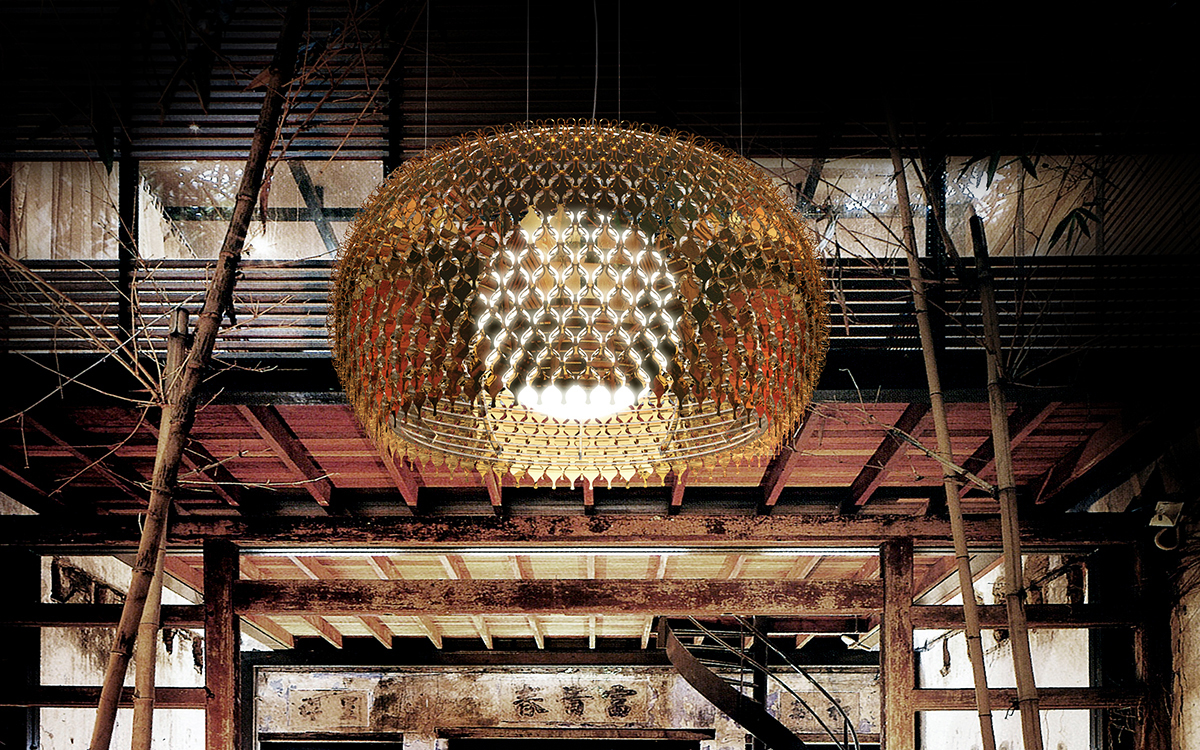 Exotic Thai-Inspired Chandelier with Ambient LED Sphere and Reflective Aluminum Diamonds