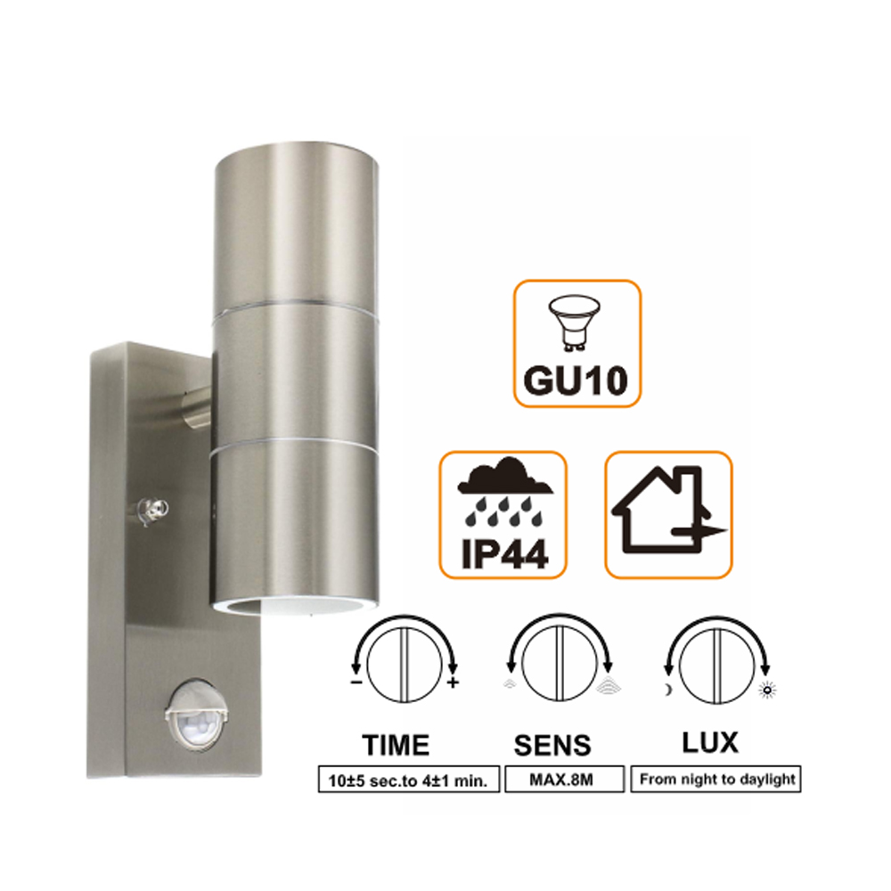 Exterior Wall Lights PIR Sensor Modern Double Up Down Stainless Steel Lamps Fixture Use GU10 (not Included) IP44 Waterproof