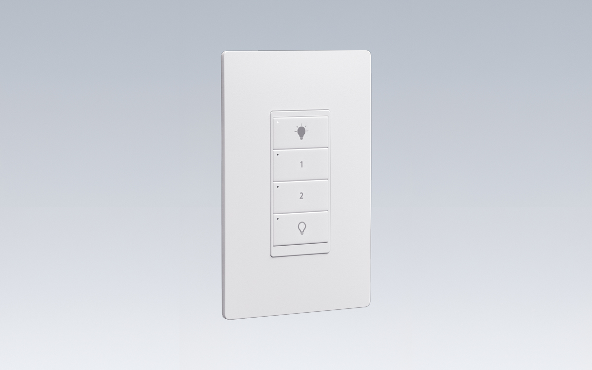 Four-Button Wireless 0-10V Dimmer Switch with Scene Recall and Bluetooth Mesh Lighting Control Integration