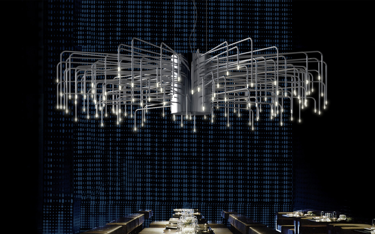 Futuristic Designer Chandelier Light with Symmetrical Metal Arm Construction and Star-Like LED Glow