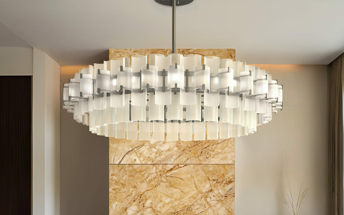 Grand Statement Chandelier Light with Curved Glass and Dramatic Sculptural Form for Residential or Hospitality Spaces