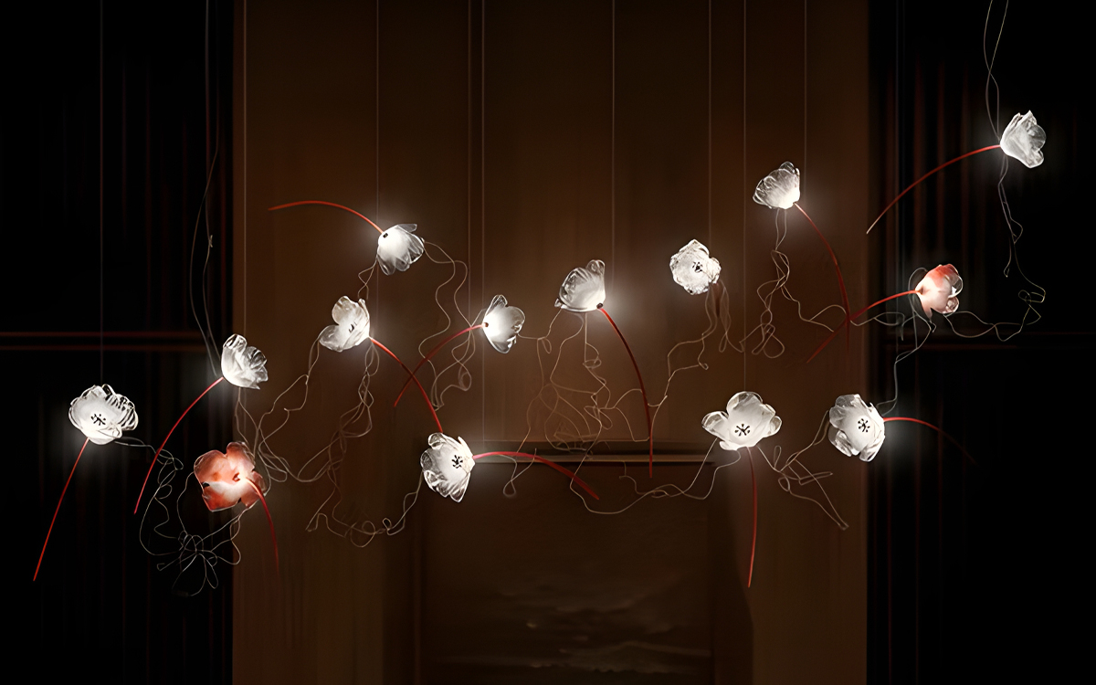 Handcrafted Chandelier with Transparent Lentiflex Blooms and Red-Lacquered Brass Stems for Modular, Clusterable LED Installations