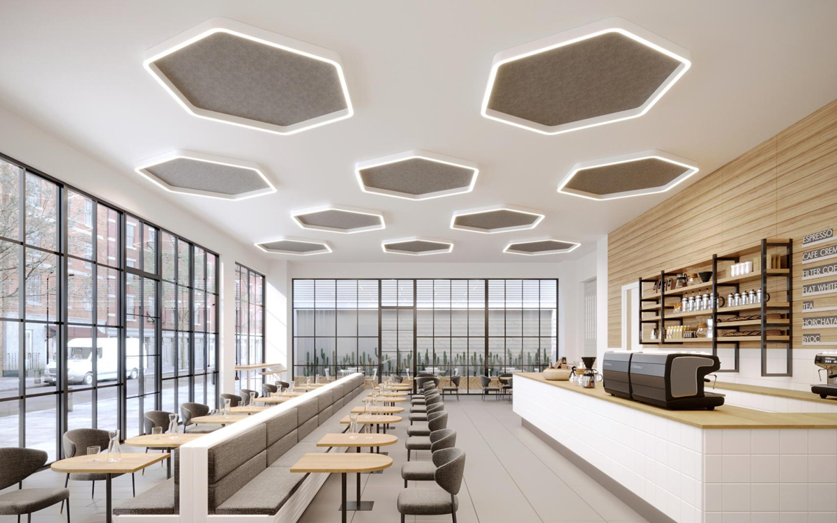 Hexagonal Acoustic Ceiling Light with Integrated Sound-Absorbing Panels for Office and Hospitality Spaces