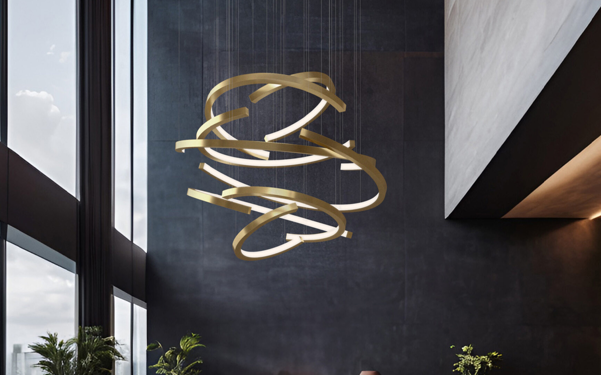 High Ceiling Swirling Chandelier Sculpture Inspired by Whirlpool Motion with Powder Coated Aluminum Tubes and Integrated LED Lighting