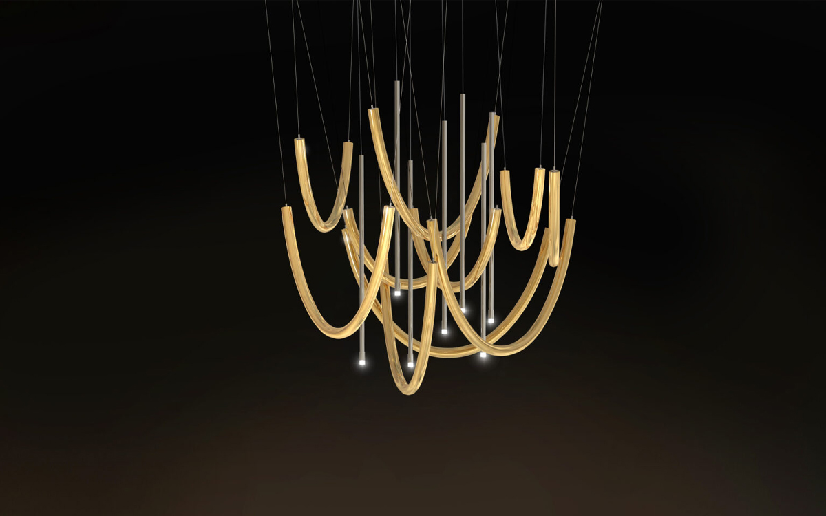 Jewelry Inspired Chandelier Light with Drooping Tubes, Decorative Curves, and Sparkling Illumination