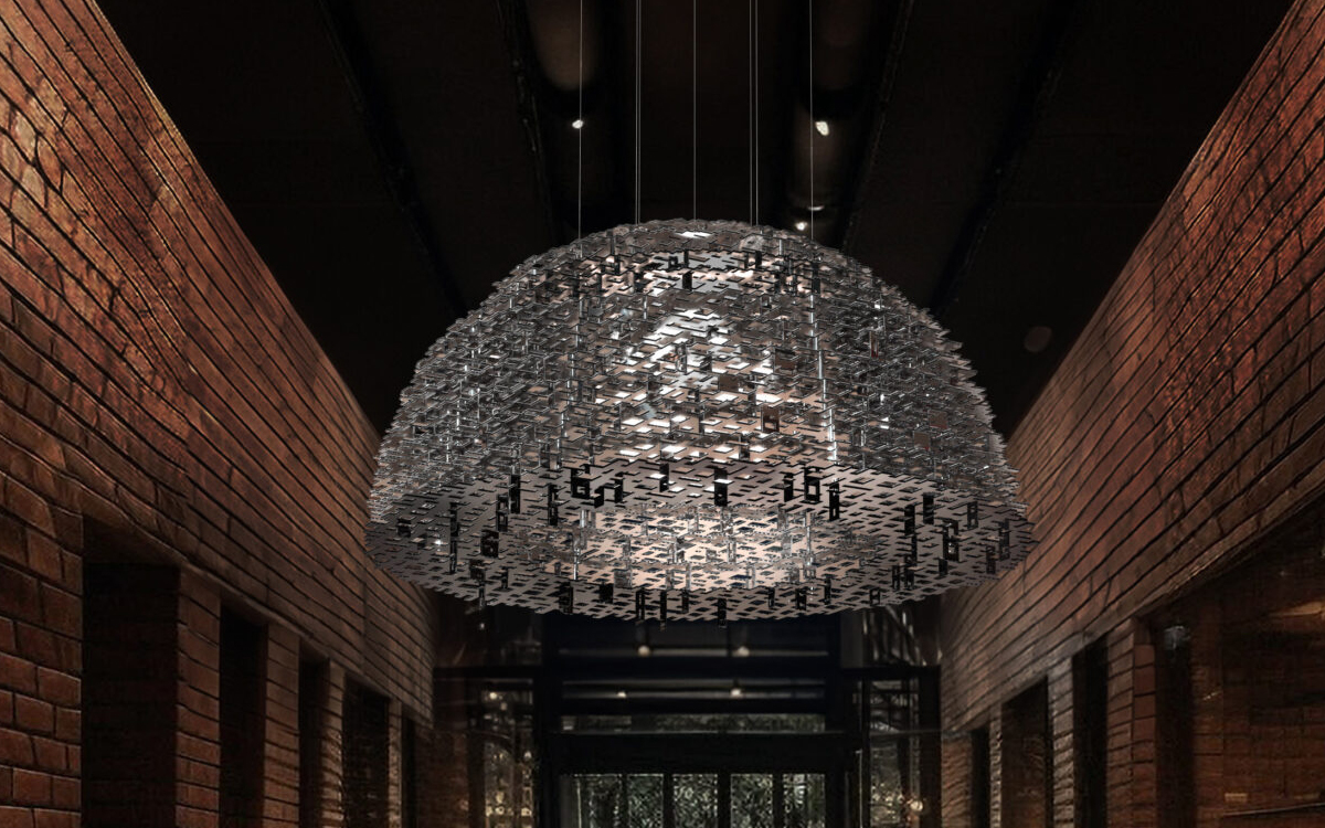 Large Decorative Chandelier Inspired by Fantasy Floating Cities with Multilevel Aluminum Geometry