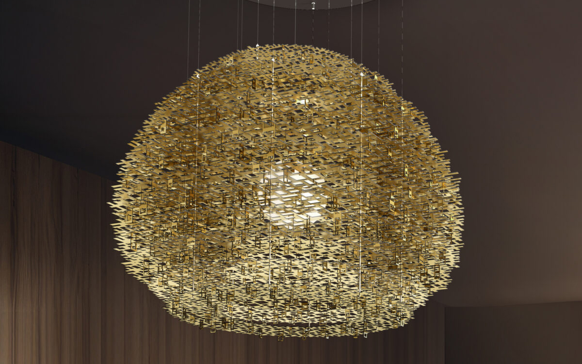 Large Modern Chandelier Inspired by Miyazaki’s Floating Cities with Reflective Gold Aluminum Surfaces