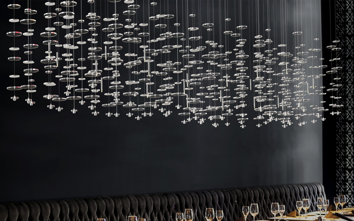 Large-Scale Acrylic Disc Chandelier Light with Mirror ACM Ceiling Plate for Hotels and Restaurants