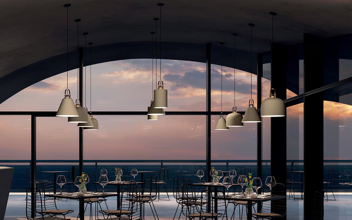 LED Pendant Light in Cylindrical and Conical Shapes with Configurable Canopy Layouts