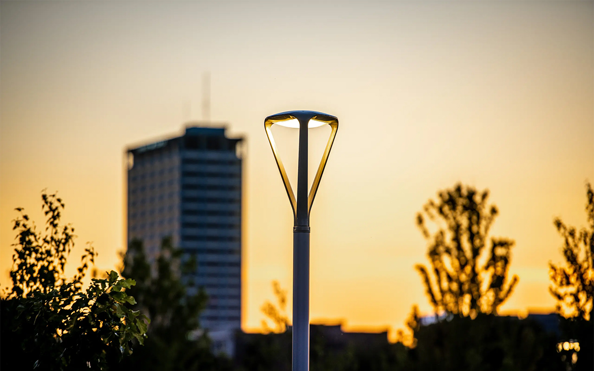 LED Post Top Area Light with Organic Design and Class 2 Dimmable Driver for Public Pedestrian Spaces