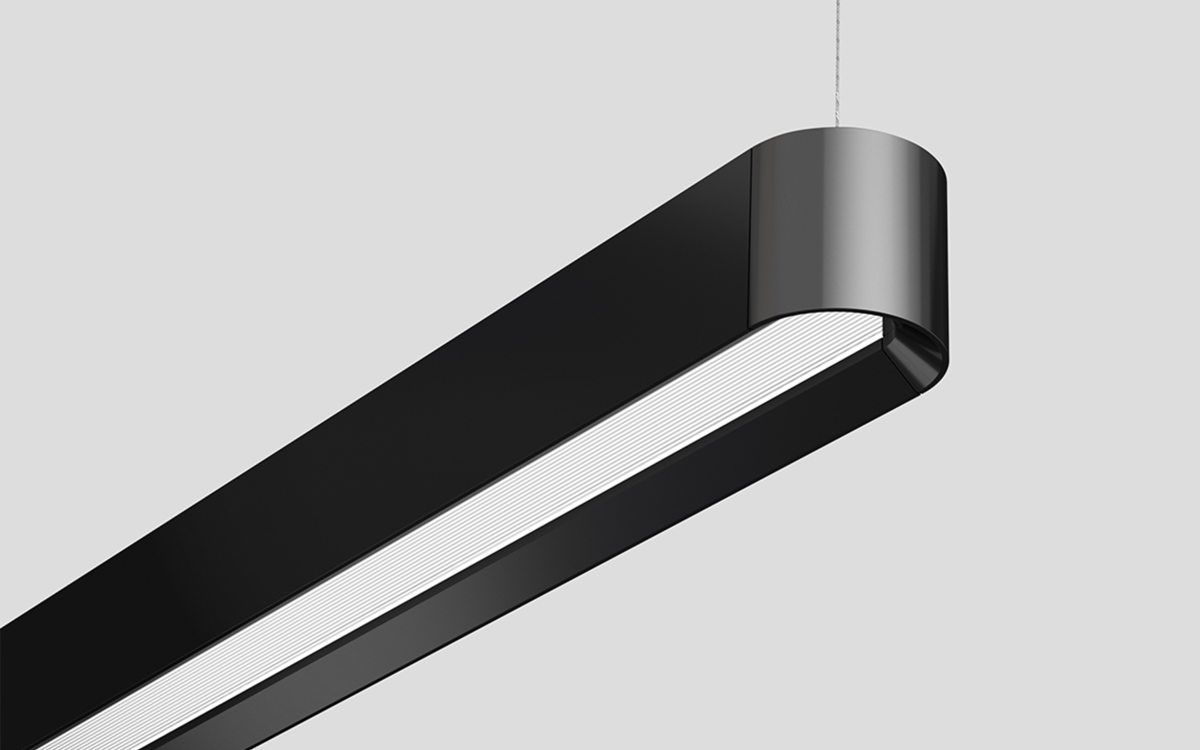 Linear Architectural Pendant Light with Microgroove Lens for Enhanced Visual Comfort