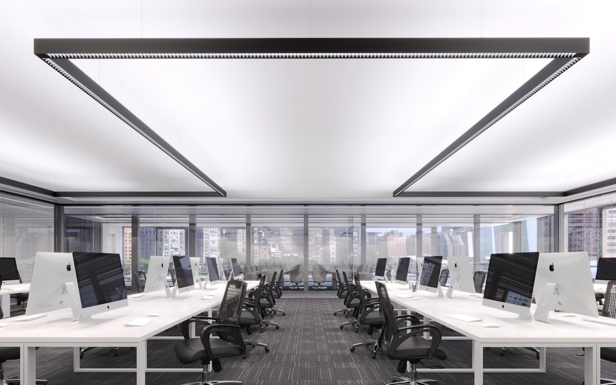 Louvered Suspended Continuous Linear LED Lighting System with Integrated Emergency and Smart Controls