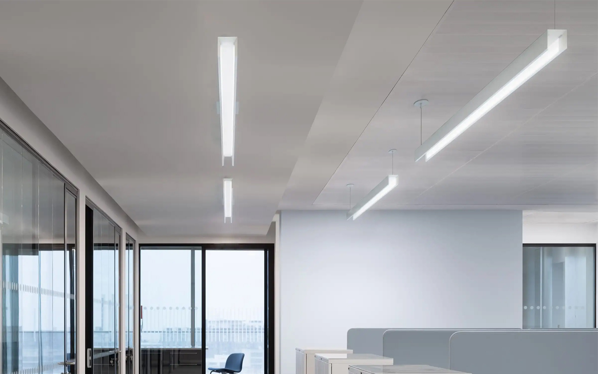 Low Glare Linear Suspension Light for Open Ceilings and Low Plenum Clearance Areas