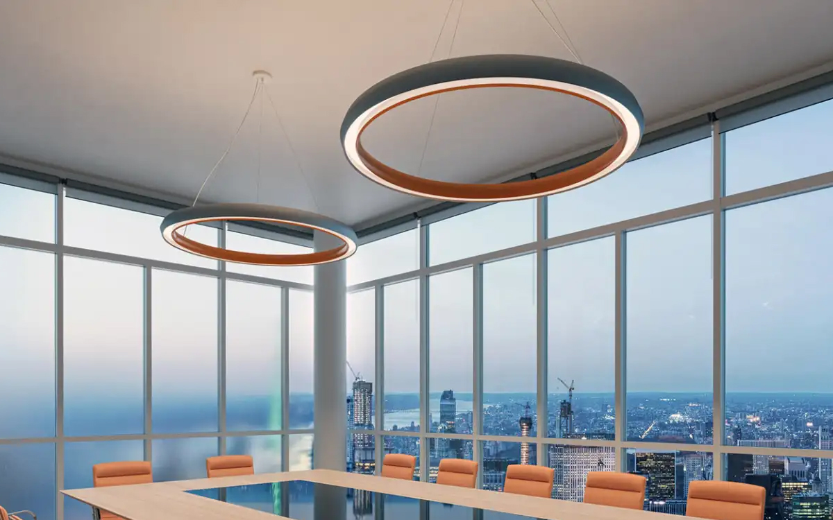 Low UGR High Efficacy LED Ring Pendant Light with DMX, DALI, PoE, and Wireless Control Integration Options