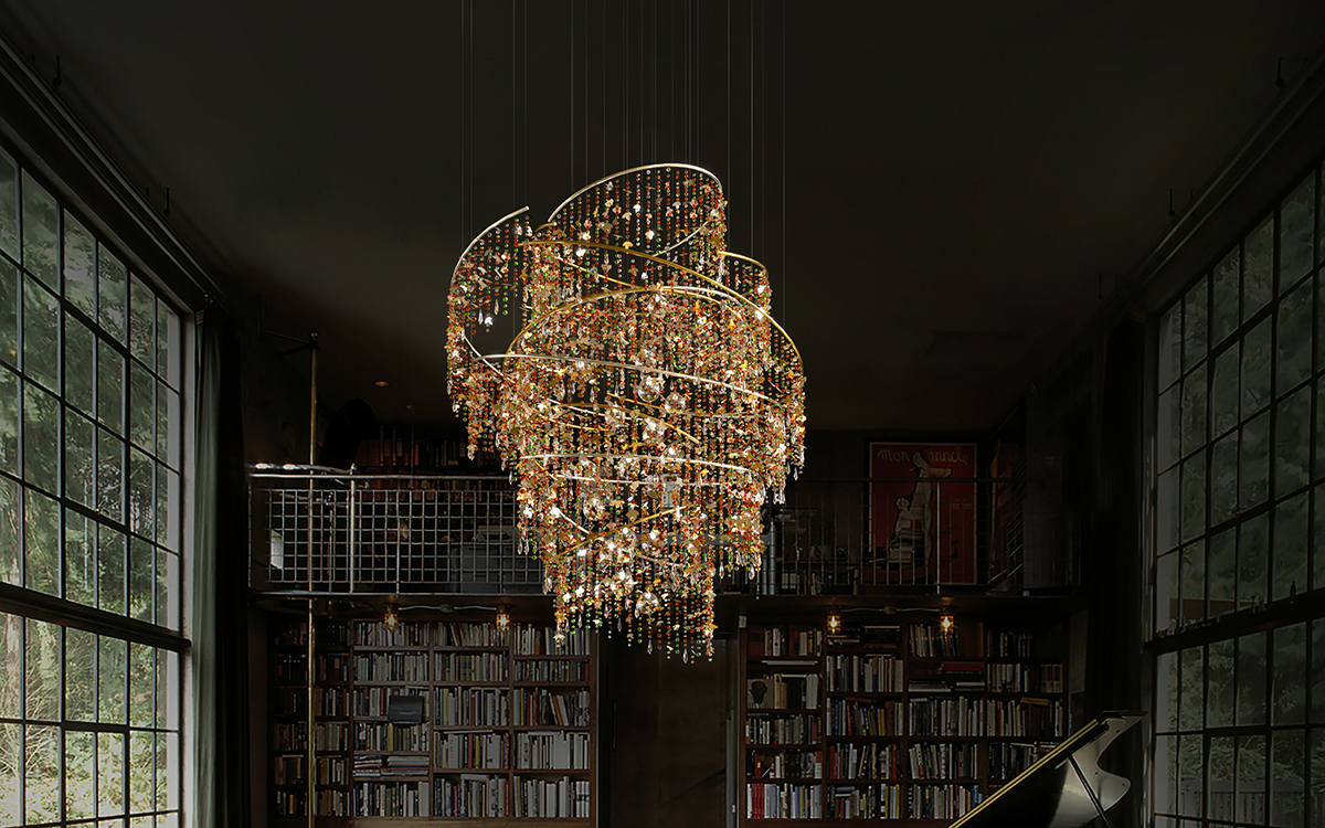 Luxurious Chandelier Light with Crystals, Glass Beads, and Anodized Aluminum for Elegant Interiors