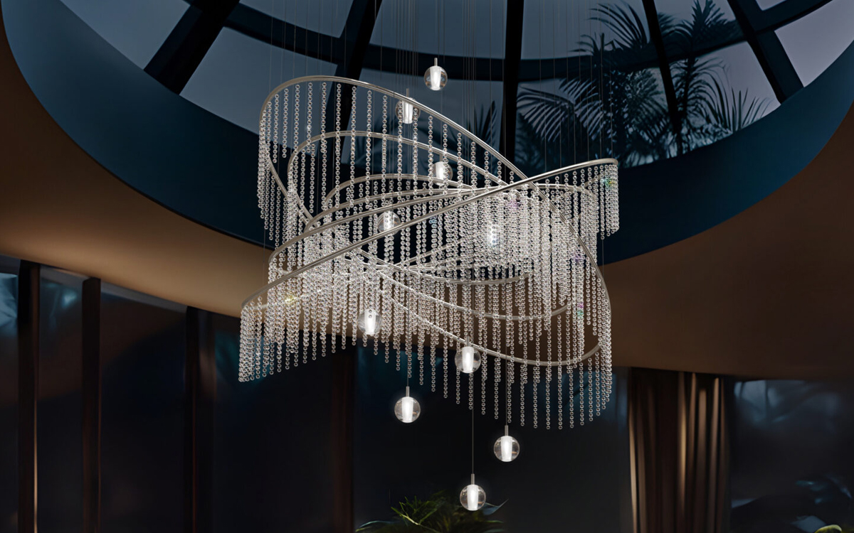 Luxury Chandelier Light with Cascading Crystals, Glass Globes, and Multidirectional LED Glow