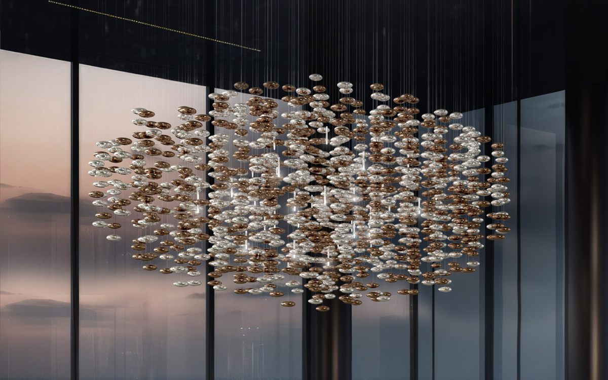 Luxury Chandelier Light with Silver and Bronze Metalized Glass Pebbles Suspended on Stainless Steel Cables