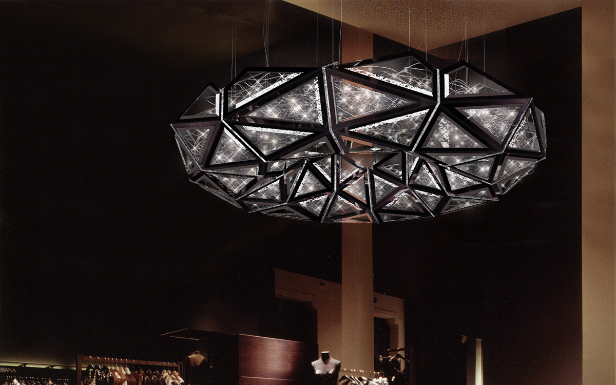 Luxury Cosmic-Inspired Chandelier with Faceted Acrylic Diamonds, Glossy Black Aluminum Panels, and Twinkling LED Lights