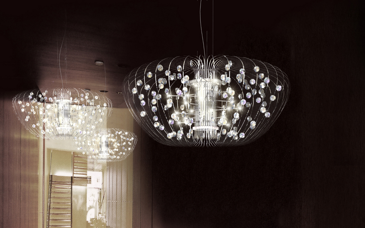 Luxury Decorative Chandelier with Acrylic Wings, Octagonal Crystals, Powder-Coated Tube, and LED Bi-Pin Core for Ambient Glow