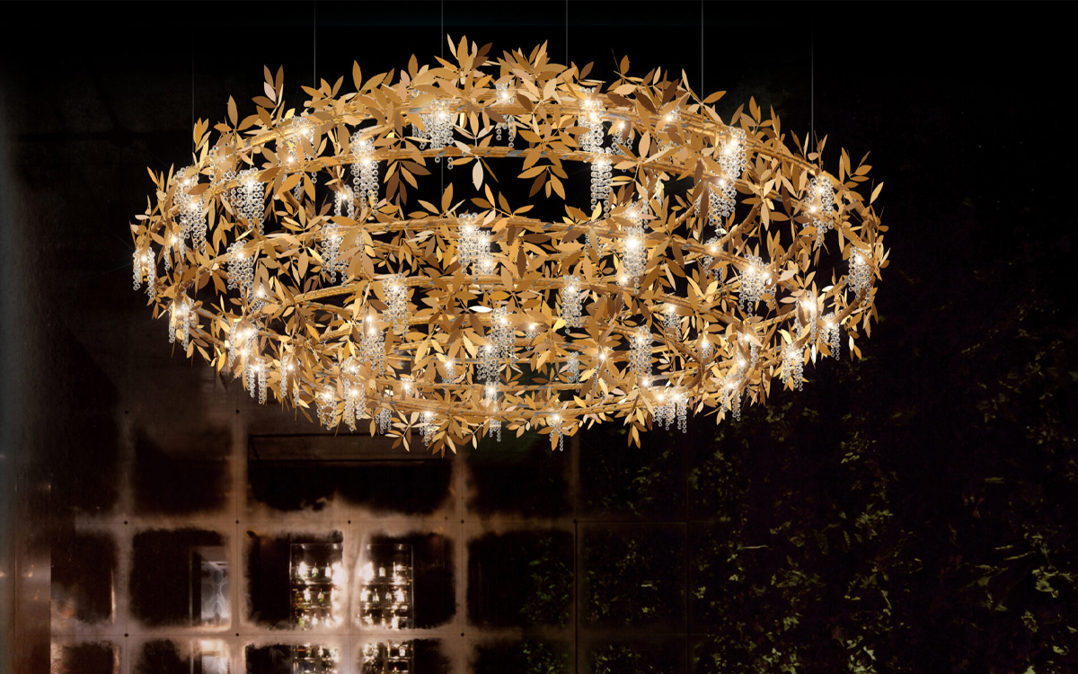 Luxury Enchanted Forest Chandelier Light with Gold Leaves and Sparkling Crystal Accents
