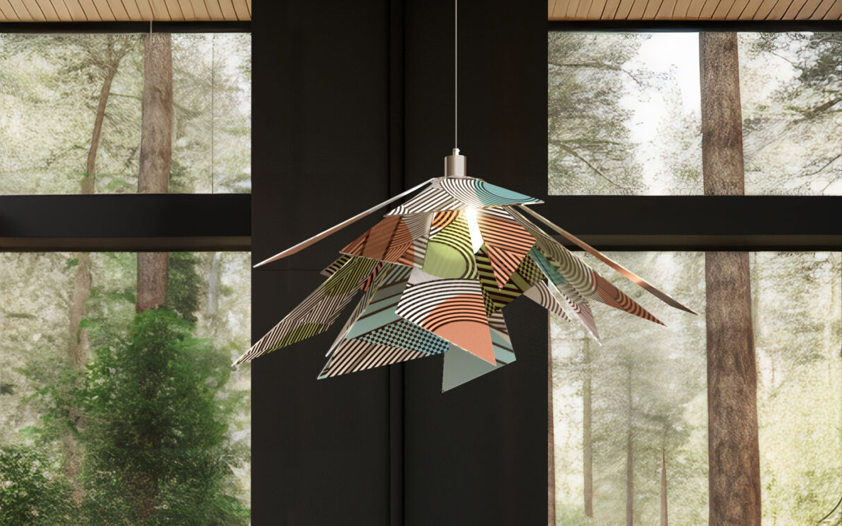 Luxury Fashion-Inspired Skirts Pendant Light with Triangular Polycarbonate Panels, Digitally Printed Patterns