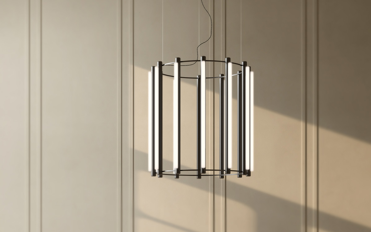 Luxury Modern Chandelier with Cylindrical Linear LED Sections and Concentric Hoop Barrel Design