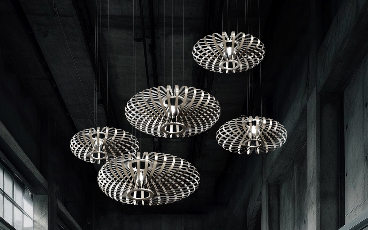 Luxury Silver Ovoid Pendant Light with Reflective Metal Bands and Central LED Sphere for Modern Interiors