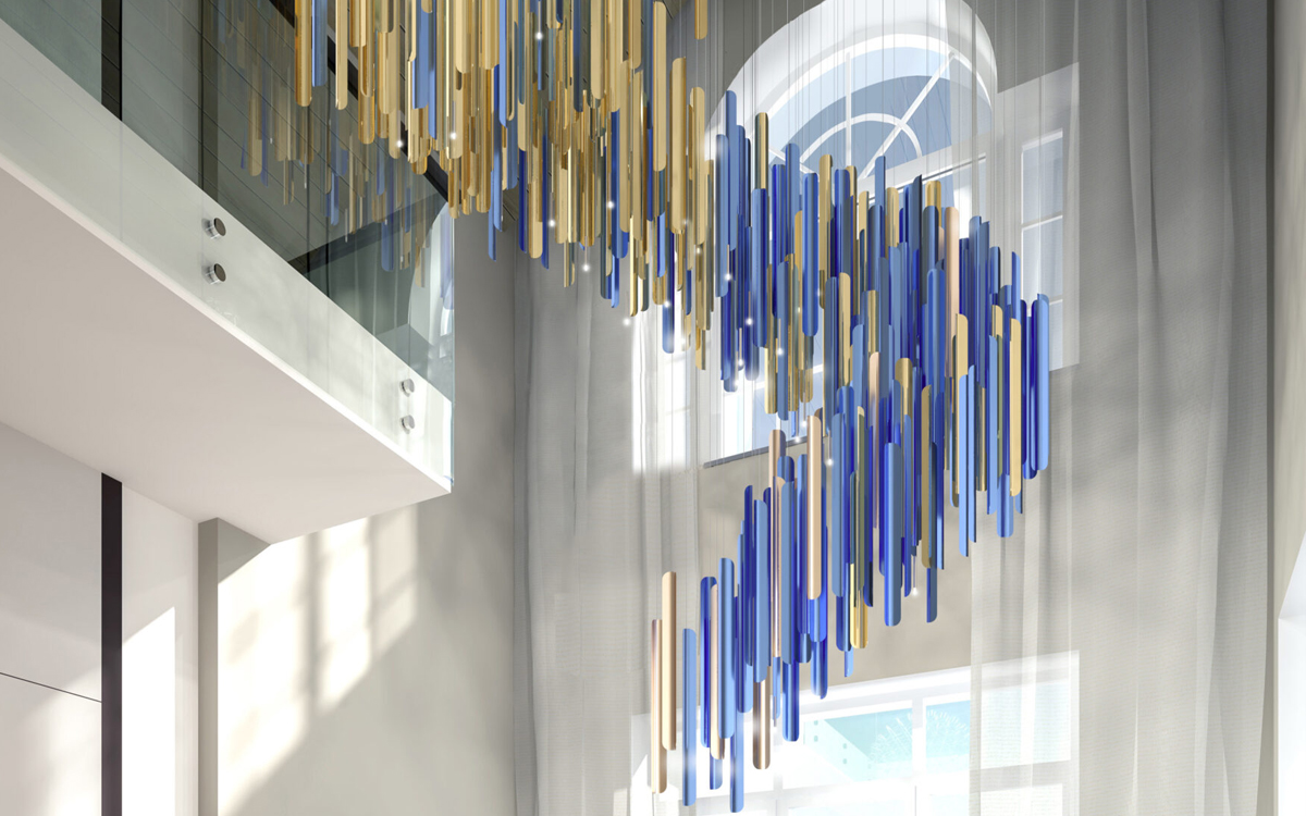 Luxury Statement Chandelier with Anodized Aluminum and Digitally Printed Panels Suspended from ACM Ceiling Plate