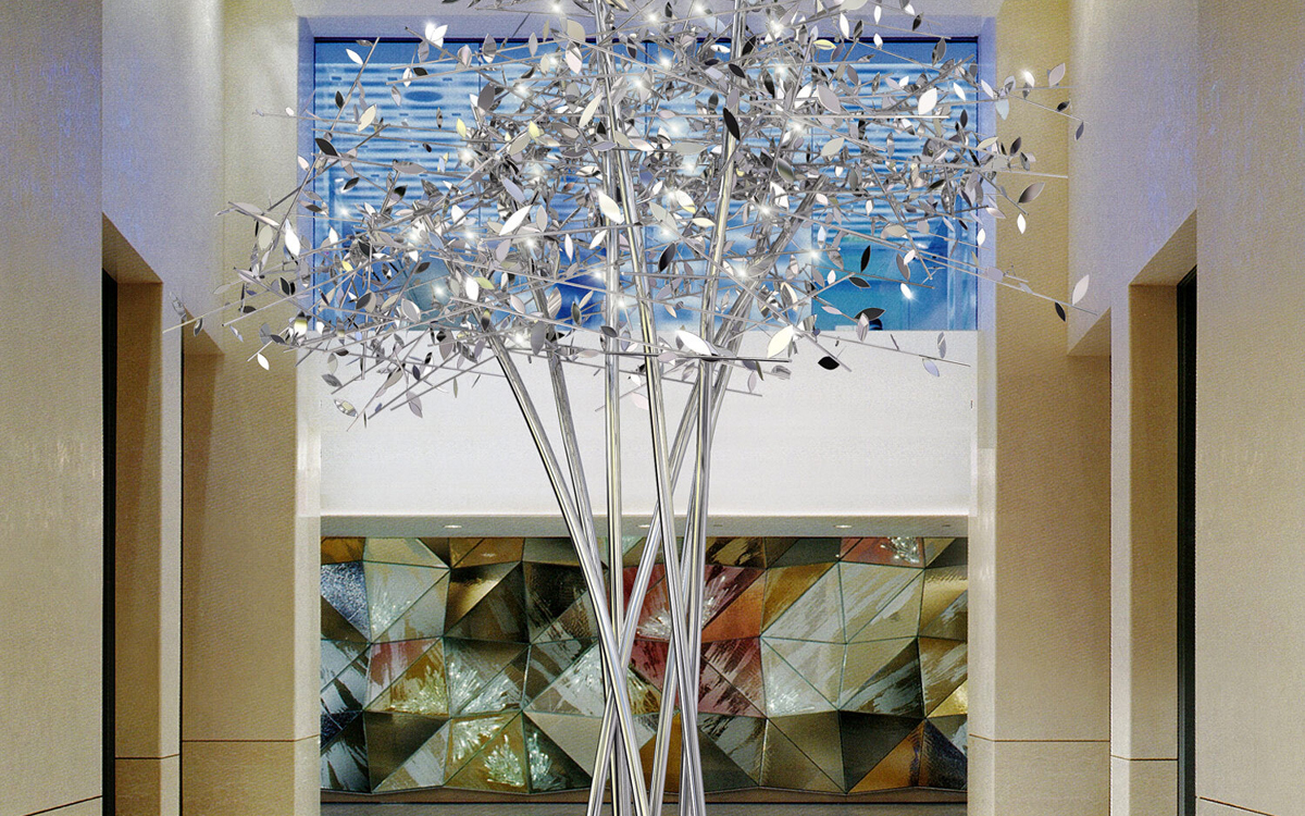 Luxury Tree-Style Floor Lamp with Organic Leaves, Metal Branches, and Hidden Bi-Pin LED Lights for Immersive Interiors