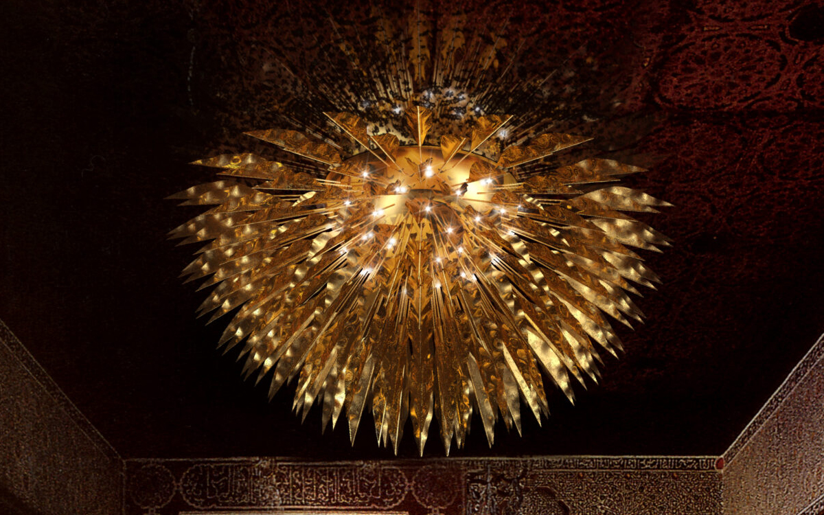 Modern Artistic Sun-Inspired Chandelier with Polished Brass Core and Radiating Metal Leaves for Statement Spaces