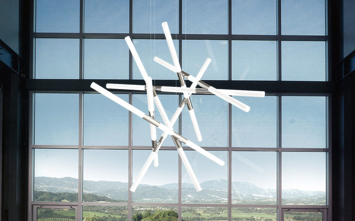 Modern Chandelier Light with Abstract Criss-Cross Geometry and Radiant LED-Lit Acrylic Tubes