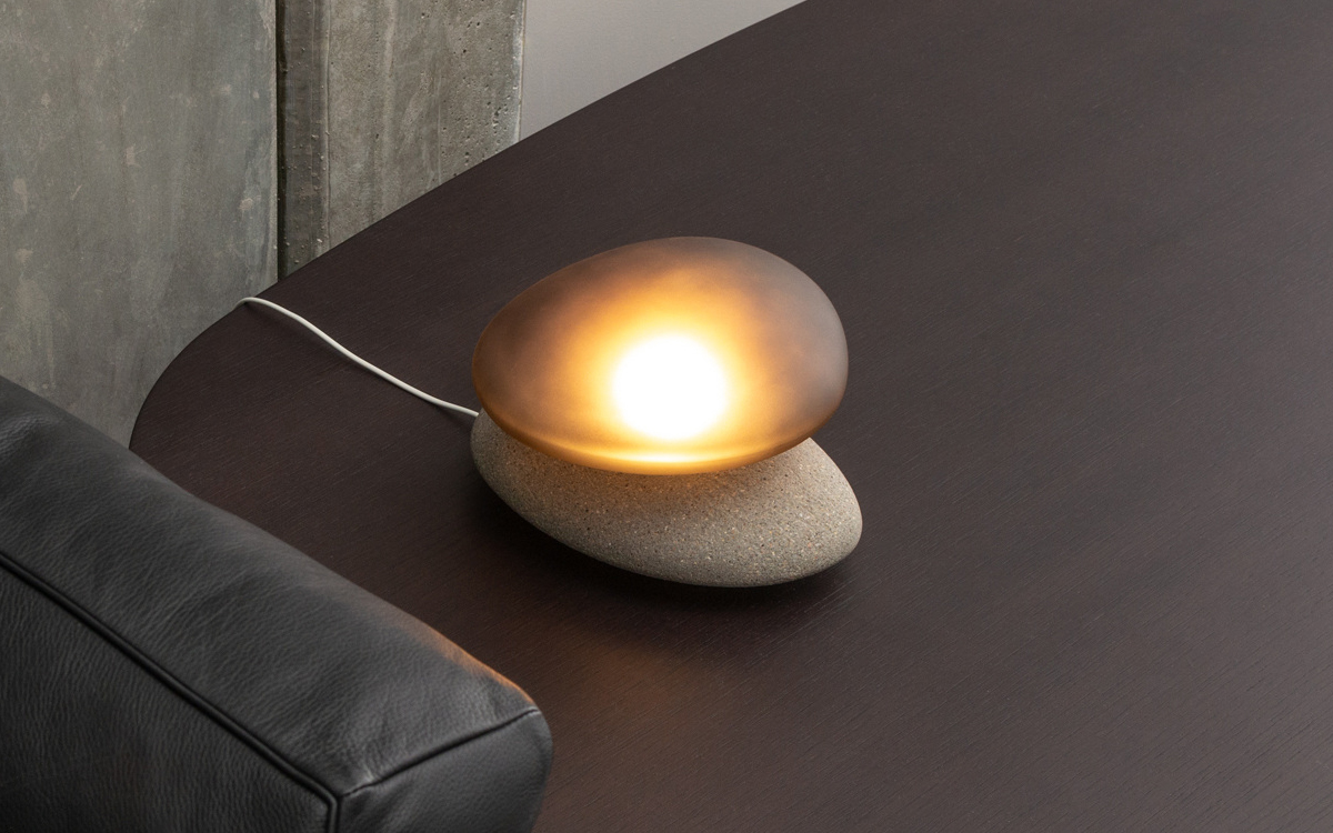 Modern Glass and Concrete Table Lamp with Organic Pebble Design and Integrated Dimmable LED Light