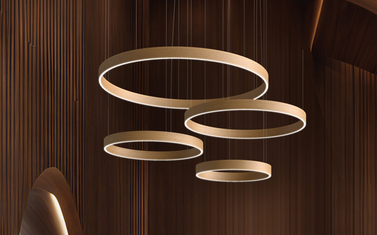 Modern LED Pendant Light with Suspended Aluminum Rings and Integrated Neon Lighting