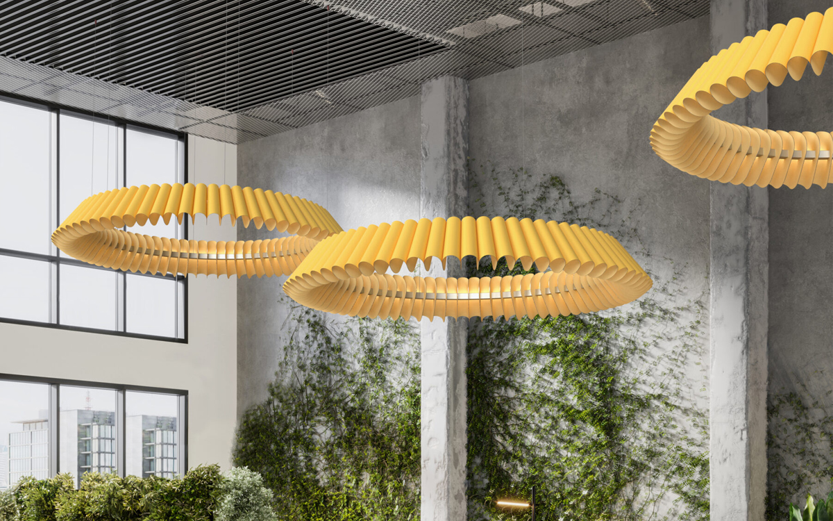 Modern Pendant Light with Radial Arrangement of Digitally Printed Aluminum Shades and Downward Light Wash